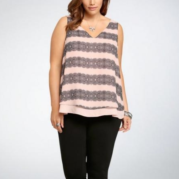 Plus Size 3X Torrid Pink Black Lace Print Layered Tank Top dressy shiry - Picture 3 of 6